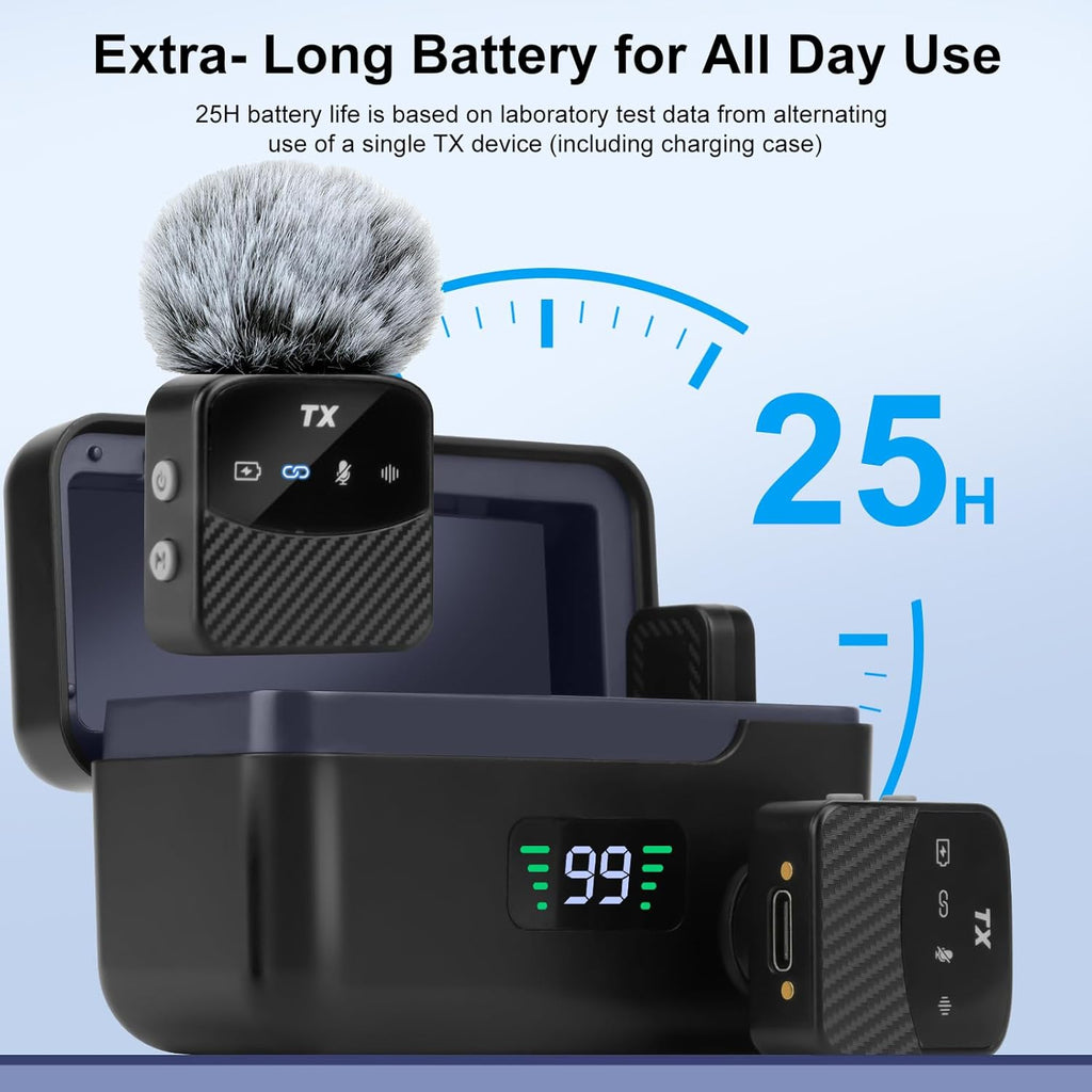 Lavalier mini-microfoon voor iPhone/iPad/Android, plug-play mini-microfoon, ruisonderdrukking, 25 uur gebruiksduur, Lavalier draadloze microfoon voor video's, vlog, YouTube, TikTok, streaming