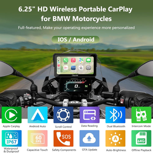 Carpuride W602BS Pro Carplay BMW Motorfietsscherm, Native Wonder wielbesturing en gegevensweergave, CarPlay Wireless en Android Auto, 6,2 inch waterdicht touchscreen, OTA, Dual Bluetooth