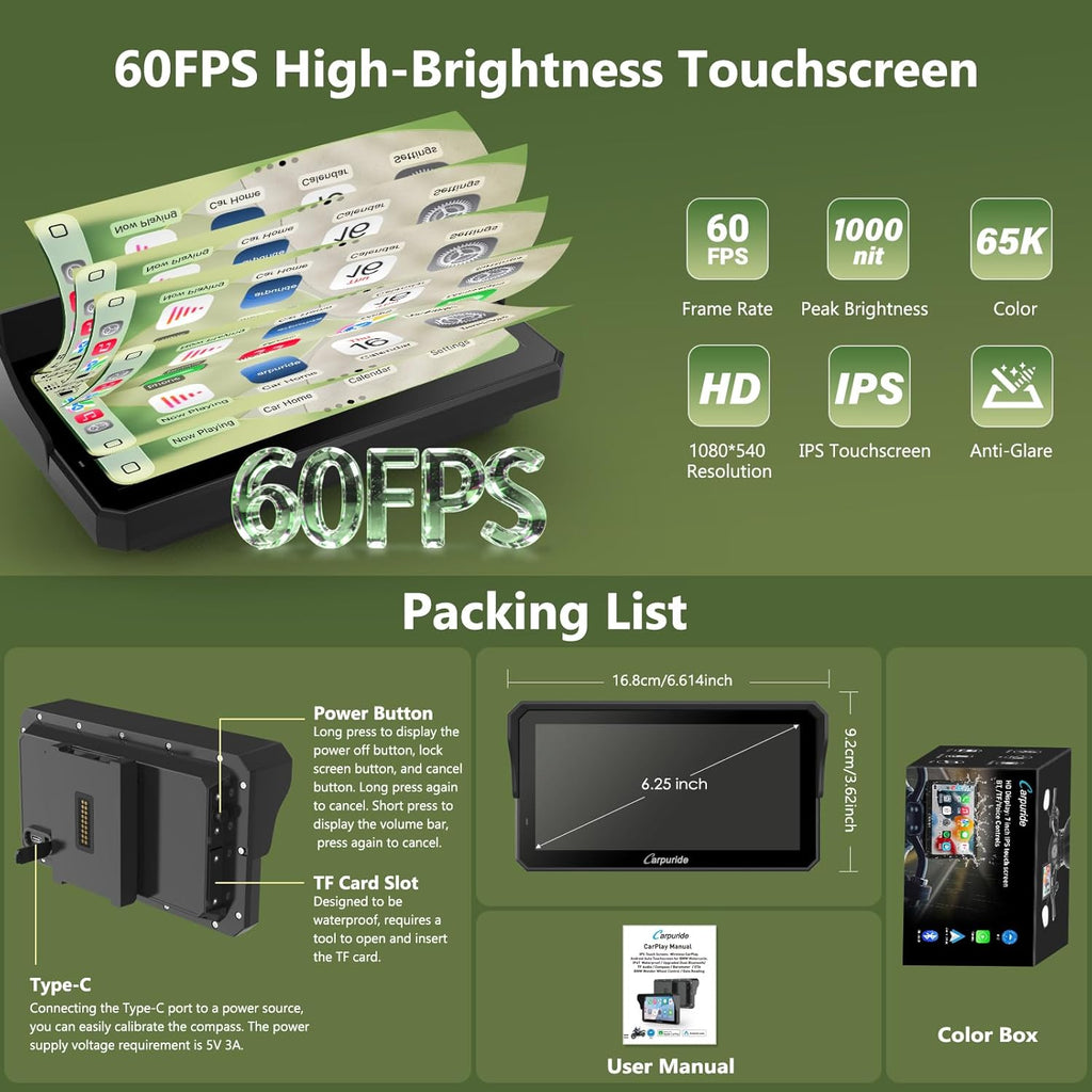 Carpuride W602BS Pro Carplay BMW Motorfietsscherm, Native Wonder wielbesturing en gegevensweergave, CarPlay Wireless en Android Auto, 6,2 inch waterdicht touchscreen, OTA, Dual Bluetooth