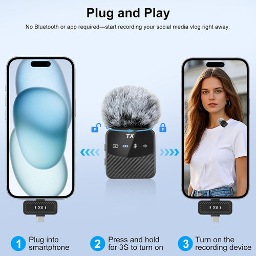 Lavalier mini-microfoon voor iPhone/iPad/Android, plug-play mini-microfoon, ruisonderdrukking, 25 uur gebruiksduur, Lavalier draadloze microfoon voor video's, vlog, YouTube, TikTok, streaming