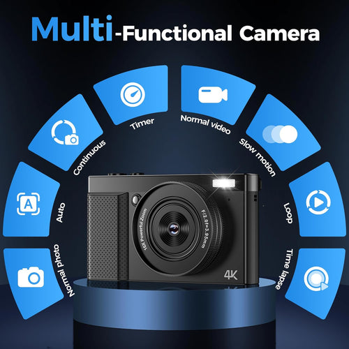 Digitale camera, 4K, 64 MP, autofocus, camera: digitale zoom, 16 x 180 graden, opvouwbaar, 3IPS-display, 32 GB kaart voor vlog, zwarte camera, cadeau voor beginners, tieners, kinderen