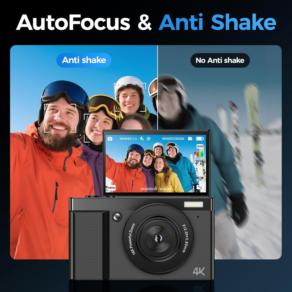 Digitale camera, 4K, 64 MP, autofocus, camera: digitale zoom, 16 x 180 graden, opvouwbaar, 3IPS-display, 32 GB kaart voor vlog, zwarte camera, cadeau voor beginners, tieners, kinderen